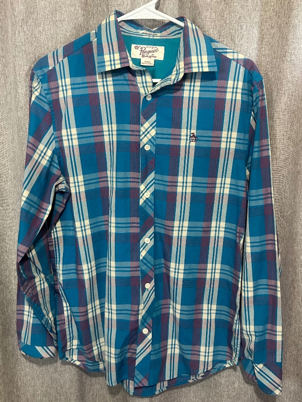 An Original Penguin Men’s Size Small Teal Blue Plaid Long Sleeve Button Down Shi